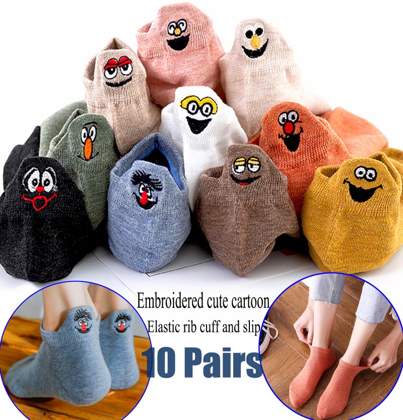 IBEILLI جوارب إيبيللي النسائية اللطيفة 10 أزواج من القطن كاواي مطرزة مضحكة منخفضة القص للنساء والفتيات (عبوة 10 قطع من سمسم مع صندوق هدايا) - Image 2